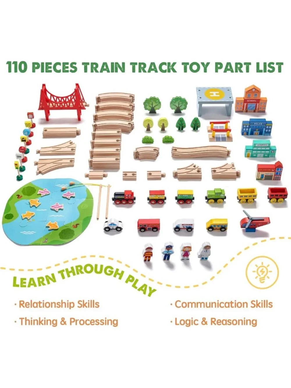 110PCS Wooden Train Set with Tracks - Fun Toy Train for Kids, Creative Play